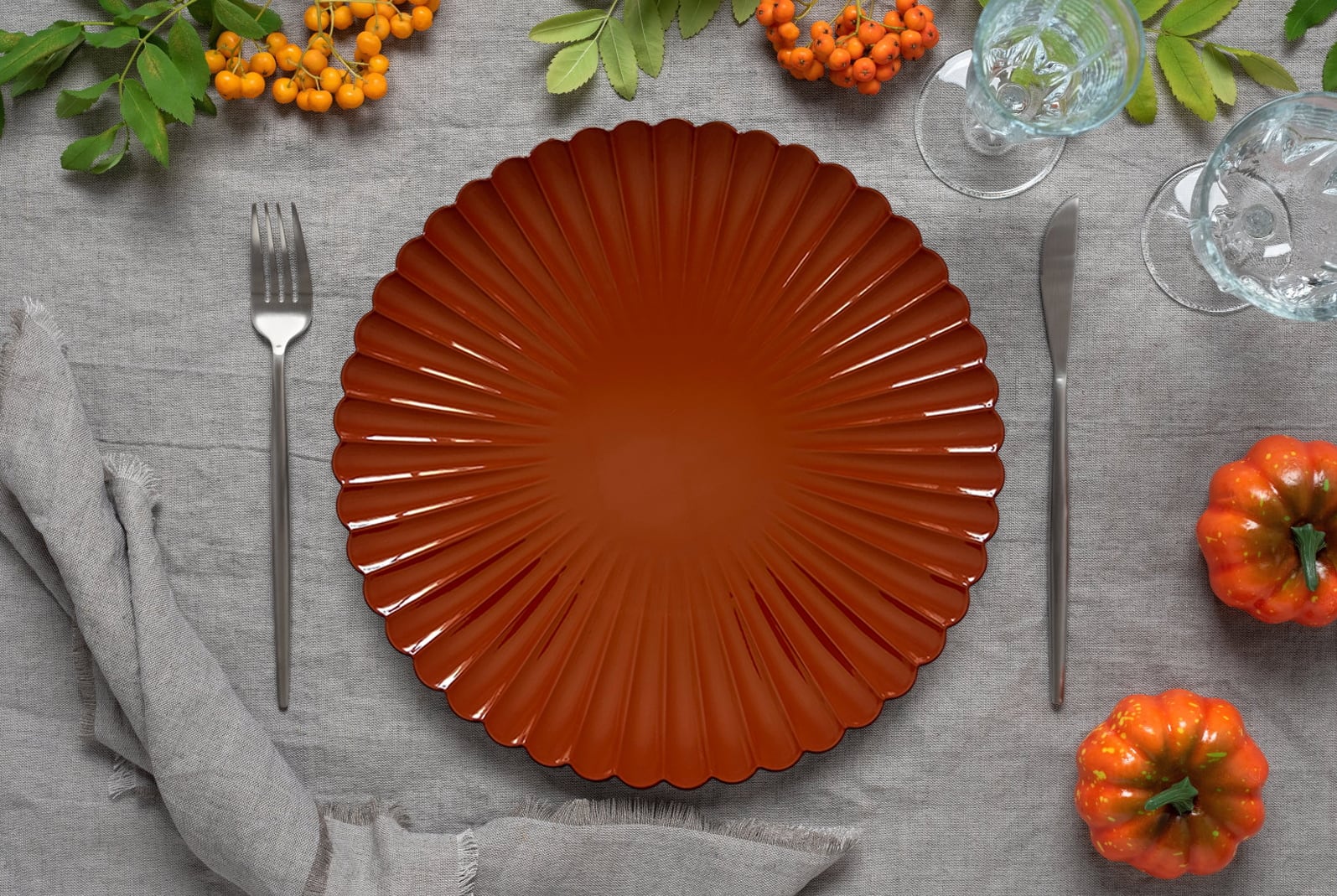 13" Thanksgiving Orange Scalloped Charger Plates, 4ct. by Celebrate It™ - Image 2