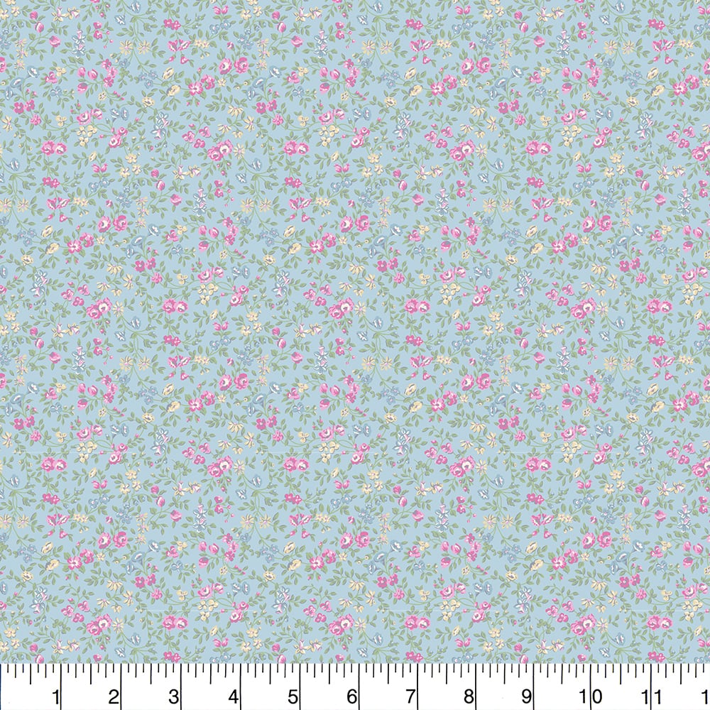 Fabric Traditions Pink & Yellow Floral on Blue Cotton Quilting Fabric