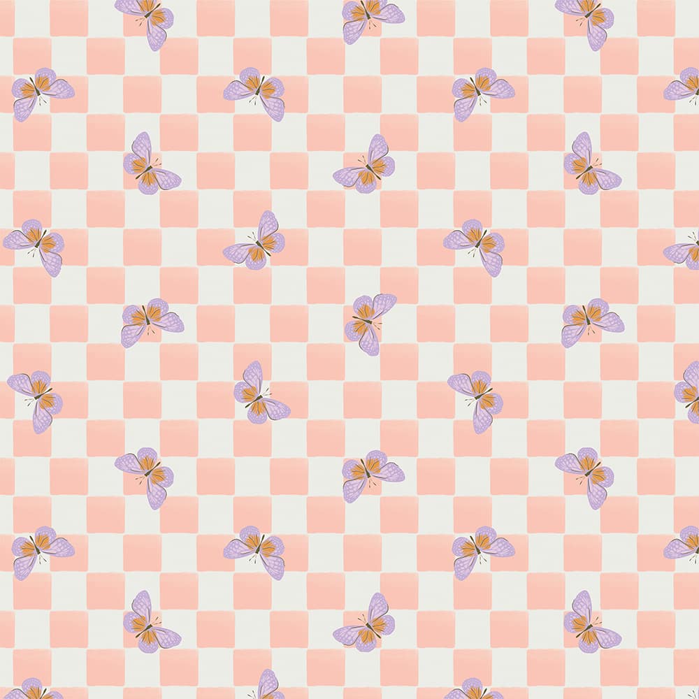 Eugene Textiles Pink Checkerboard Butterflies Cotton Quilting Fabric
