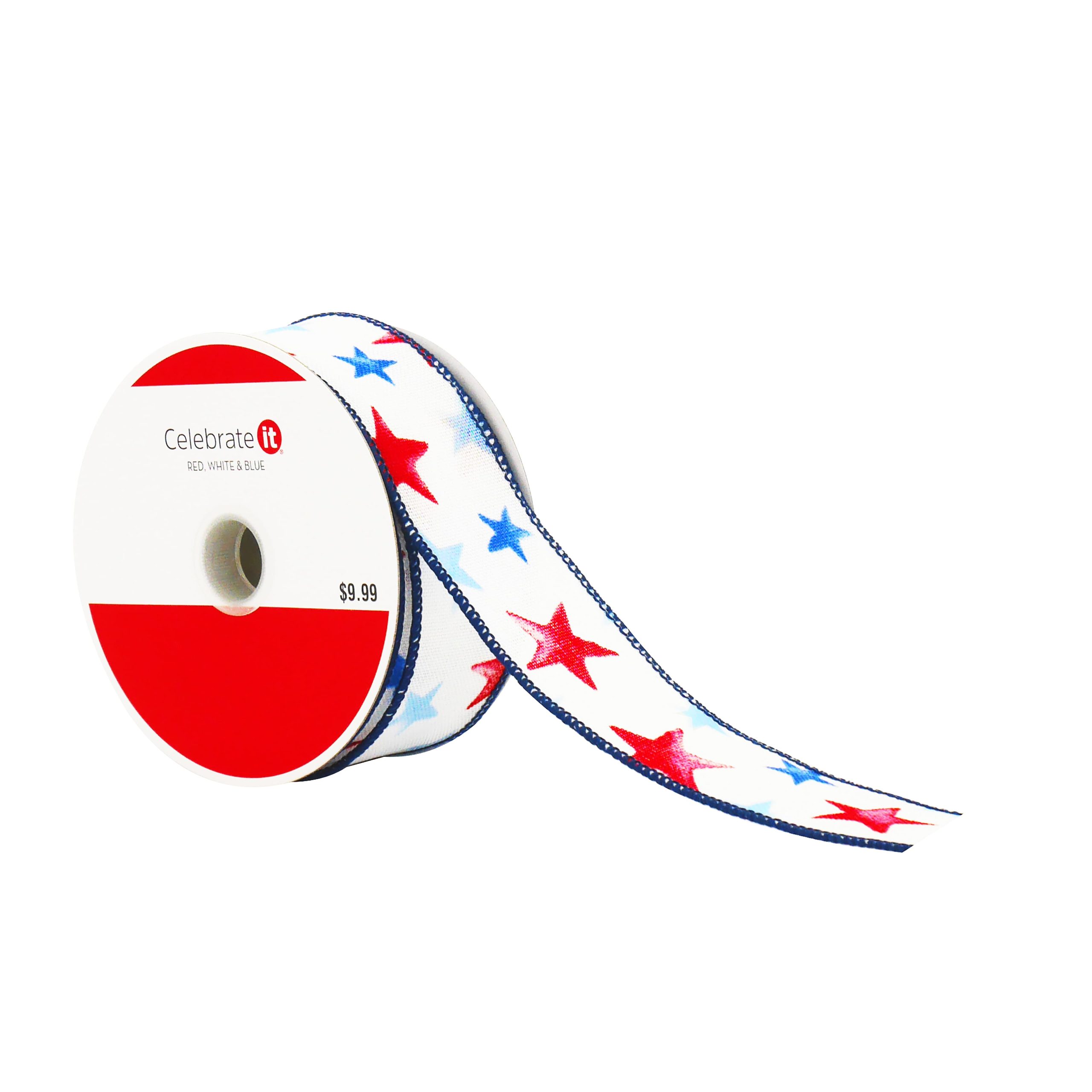 1.5" x 10yd. Red, White & Blue Stars Wired Cross Linen Ribbon by Celebrate It® - Image 3