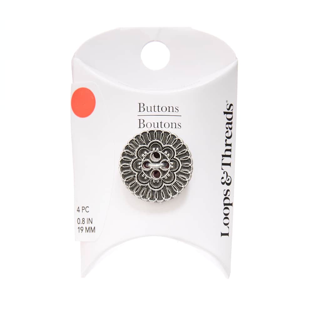 19mm Antique Silver Metal Round Flower Buttons, 4ct. by Loops & Threads®