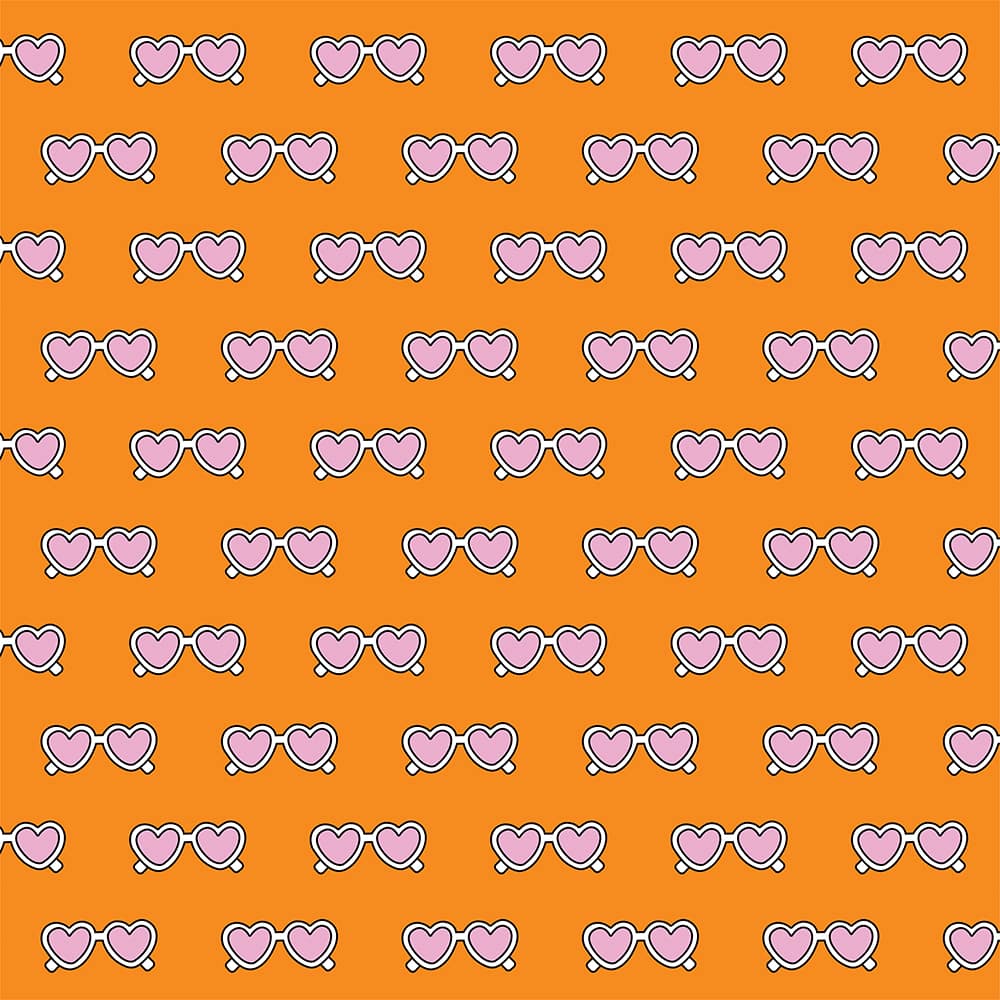 Eugene Textiles Pink Heart Sunglasses on Orange Cotton Quilting Fabric