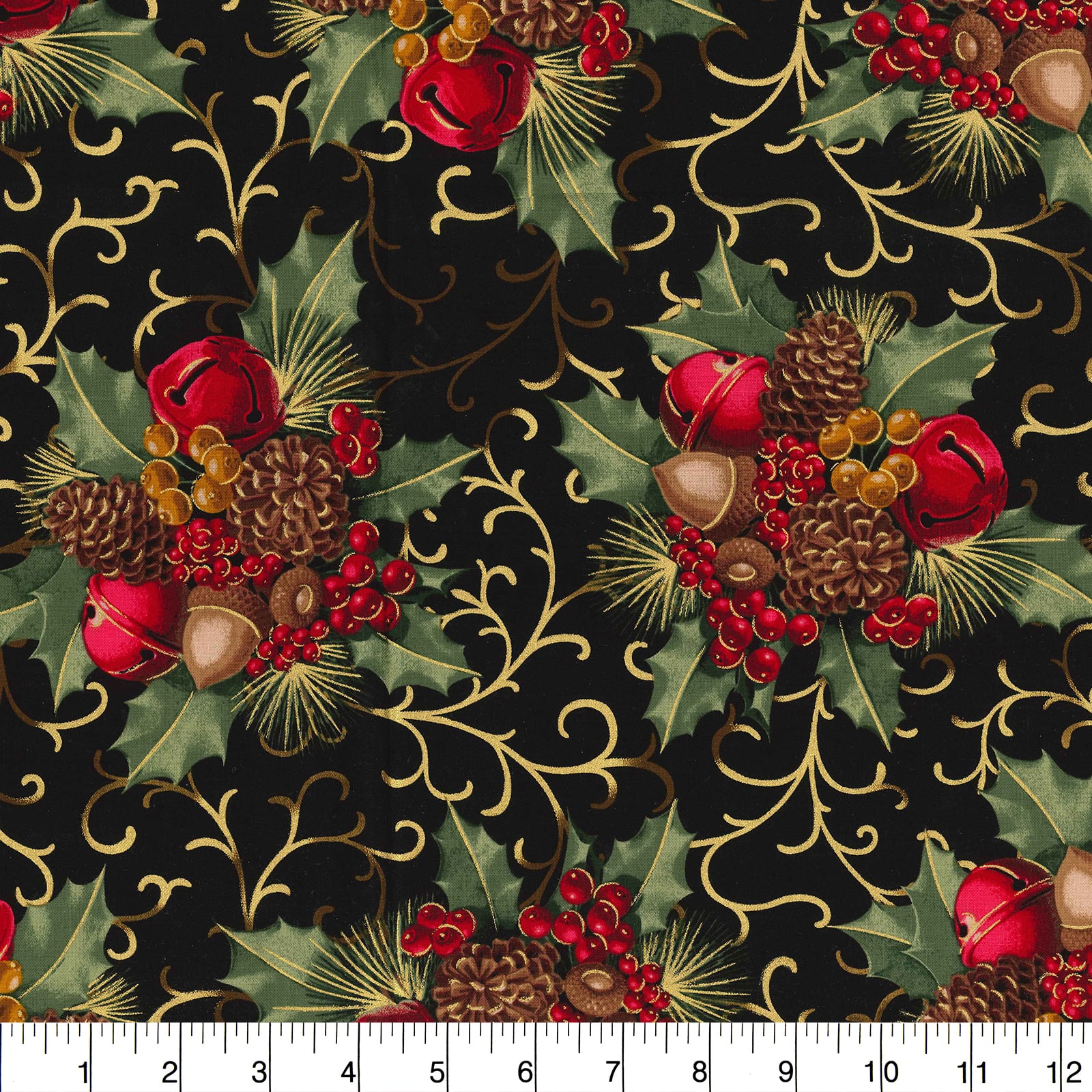 Fabric Traditions Christmas Black Berries & Bells Glitter Cotton Fabric - Image 2