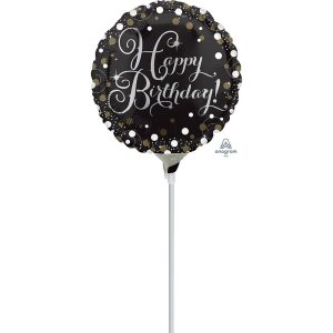 9" Black Sparkling Birthday Stick Balloon