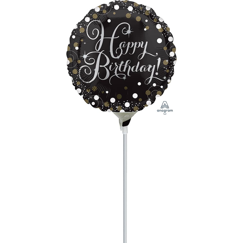9" Black Sparkling Birthday Stick Balloon