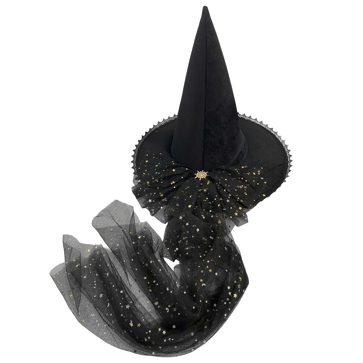 Black Velvet Adult Witch Hat with Starry Tulle Bow by Celebrate It™