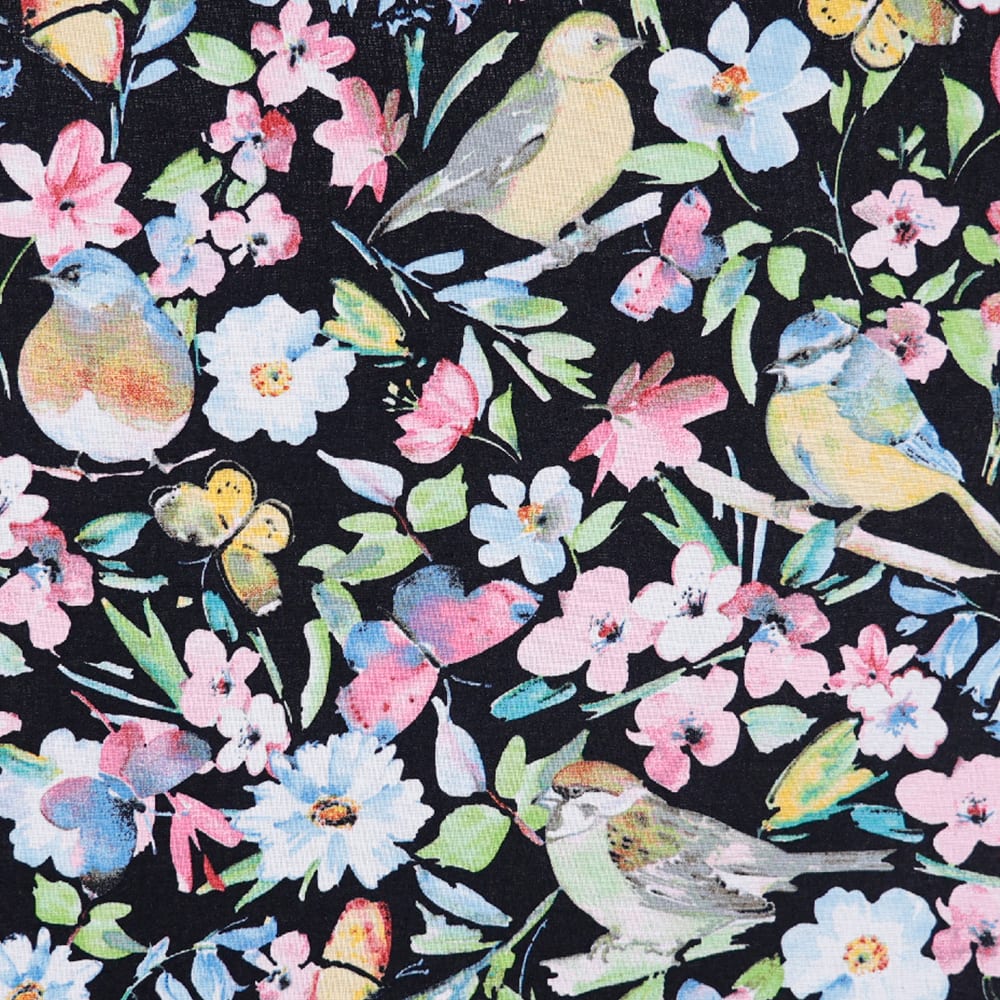 Fumatex Black Spring Floral Birds Craft Cotton Fabric