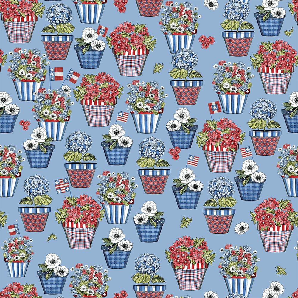 Eugene Textiles Red, White & Blue Flower Pots Cotton Quilting Fabric