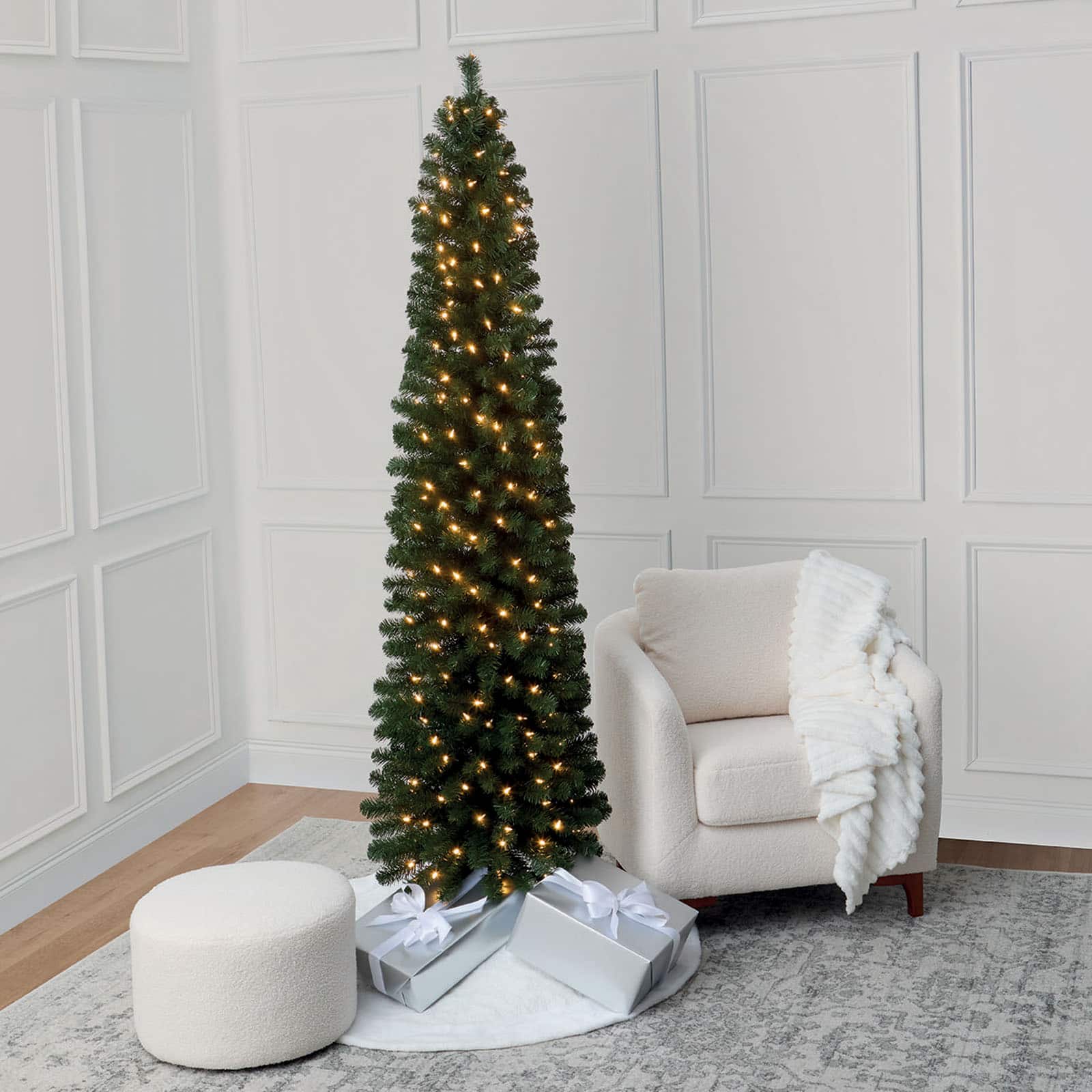 7ft. Pre-Lit Pencil Artificial Christmas Tree, Warm White Mini LED Lights by Ashland®