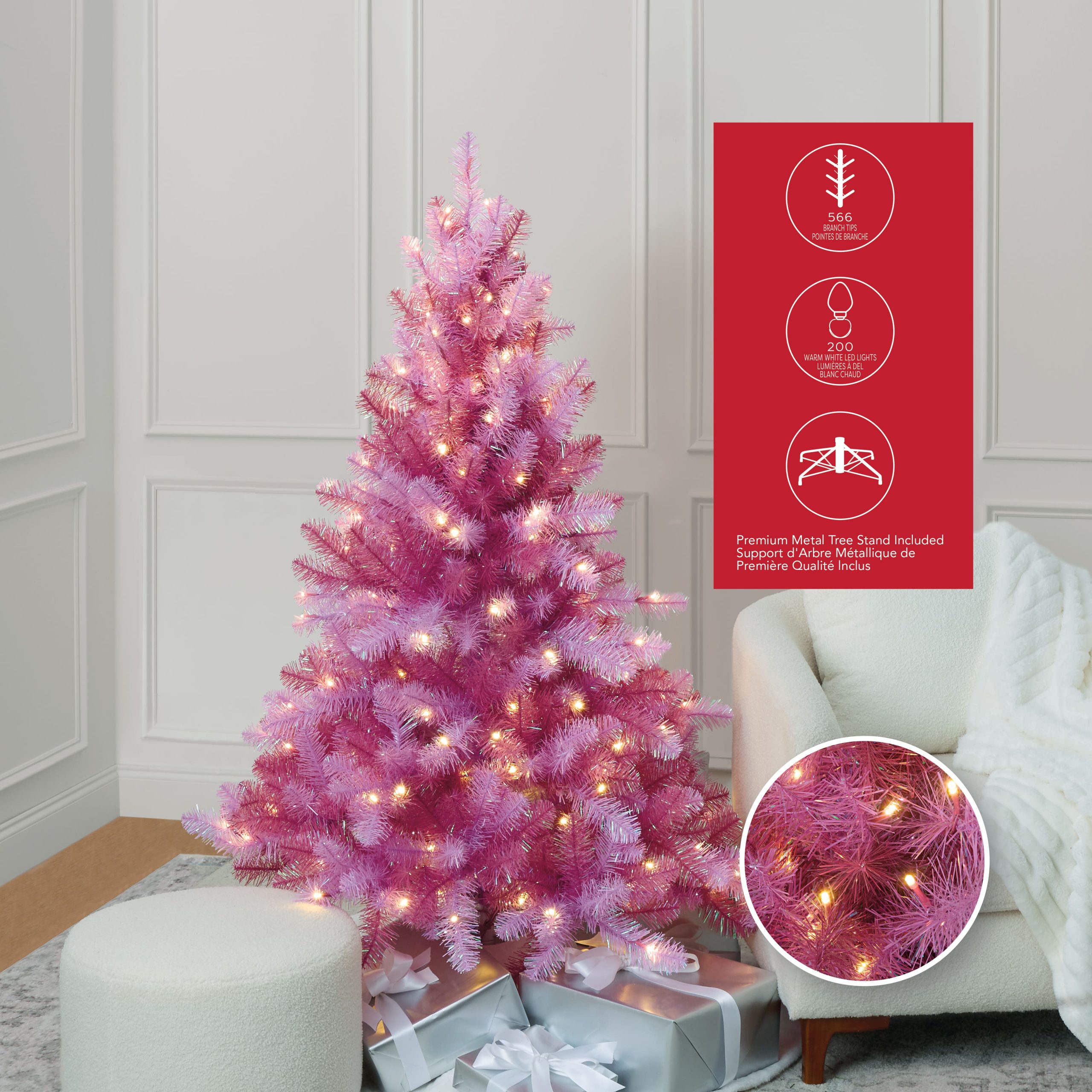 5ft. Pre-Lit Parker Pine Pink Artificial Christmas Tree, Warm White LED Lights by Ashland® - Image 3