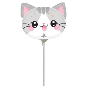 14" Pink & White Kawaii Kitty Foil Stick Balloon